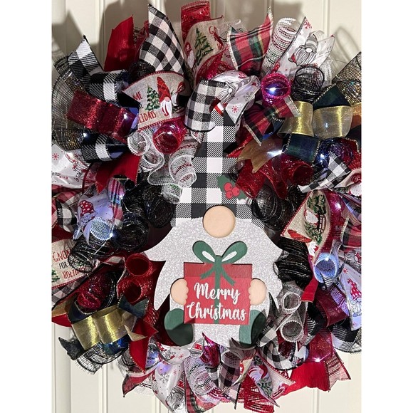 Handmade Merry Christmas Gnome Holiday Ribbon Door Wreath 22 ins W45 - Picture 9 of 12